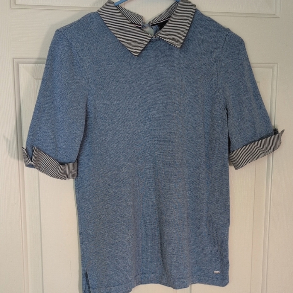 Tommy Hilfiger Women's Blue Small Knit Sweater With Pin Stripe Collar And Cuffs